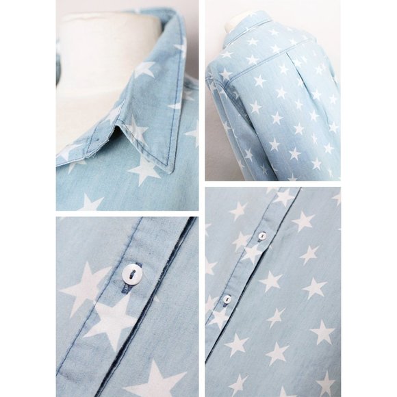 Light Blue Stars Cotton Fray Hem Button Up Shirt - Picture 6 of 8